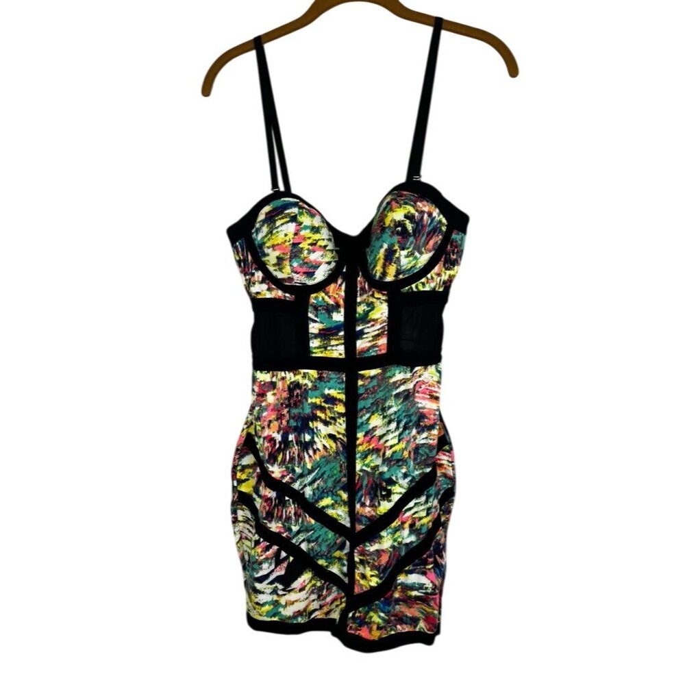 Colorful Corset Bodycon Mini Tank Dress M Festival Mesh Sheer Concert 90s Funky